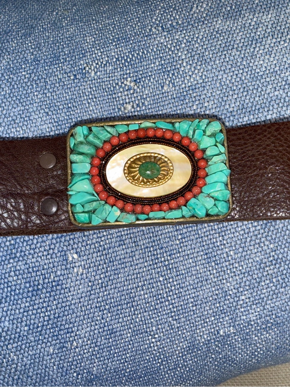 Turquoise, Mother of Pearl & Coral Mosaic Accent Leather Belt Buckle